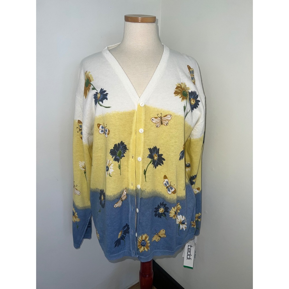 Teddi Vintage Floral Butterfly Cardigan Sweater XL Blue Yellow White Cotton